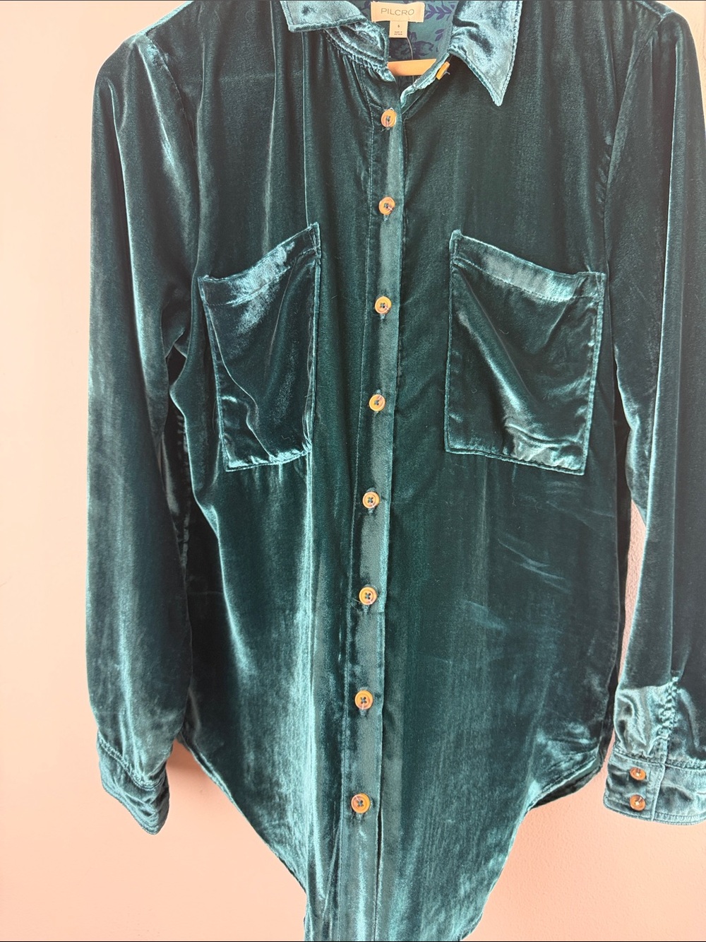 NEW Anthropologie Pilcro Velvet Hadley Relaxed Button Down Shirt Green Small Top - Picture 9 of 16